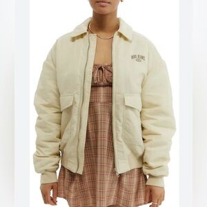 BDG Women's Varsity Jacket Ivory With Brown Embroidered Emblem Size XS